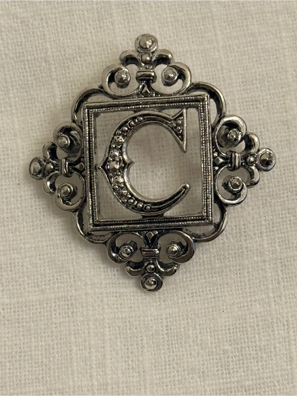 Vintage Avon 1991 Letter C Monogram Brooch Pin Silvertone Marcasite 1.5